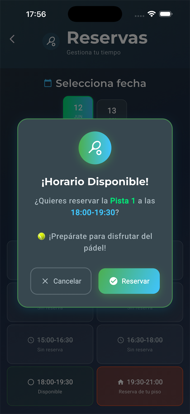 App UrbaPadel reservando una pista de pádel desde el calendario