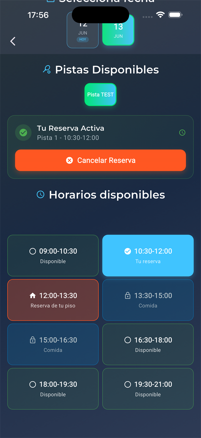 Pantalla de reservas de pista de pádel en UrbaPadel